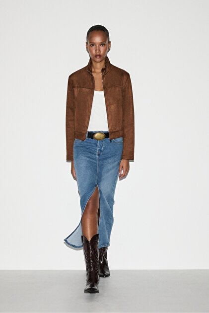 Ön yırtmaçlı denim midi etek