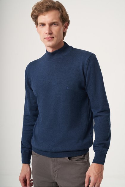 Indigo Turtleneck Long Sleeve Knitted Comfort Fit Cotton Sweater 1012265001