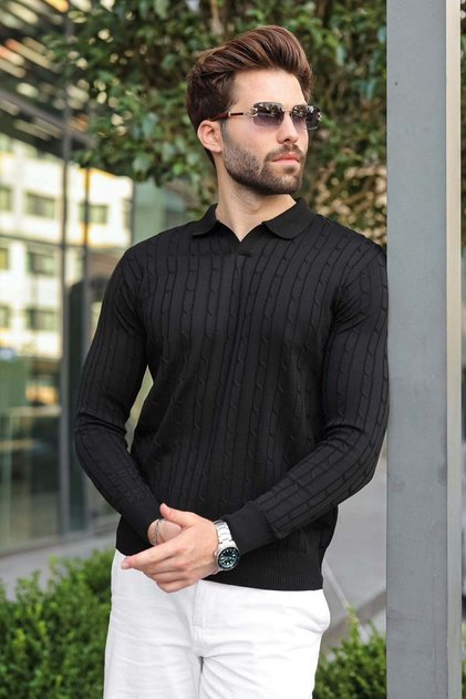 Black Polo Collar Hair Knit Patterned Men's Knitwear Sweater E7519