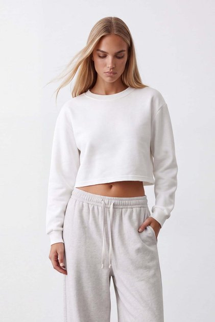 Women's White Crew Neck Skirt with Dirty Stitching and 3 Thread Inner Ribbed Sweatshirt Alc-X15863