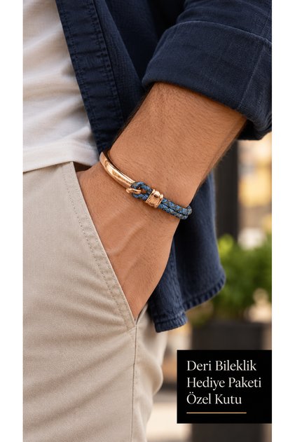 Renzio Skyarc Light Blue Leather Men's Bracelet - Rose Tone Open Shackle Weave