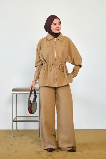 Women's Shirt Collar Waist Drawstring Trouser Suit Camel