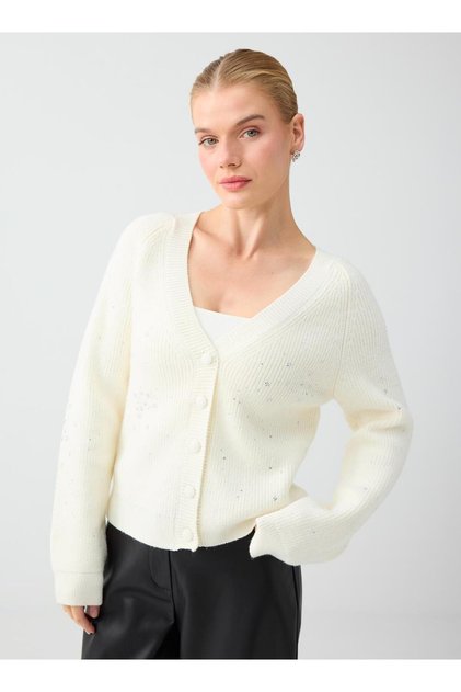 Off-White Stone Print Detailed V-Neck Knitwear Cardigan