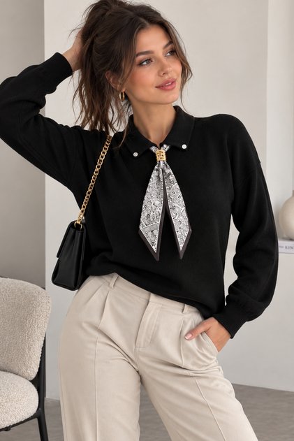 Women's Soft Textured Knitwear Sweater Polo Collar Scarf Detailed Long Sleeve Knitted Sweater