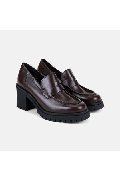 Women's Bitter Brown Leather Loafer with Threaded Sole and Thick Heel