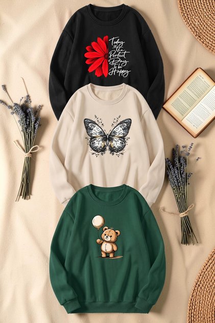 Unisex Karışık Baskılı Bisiklet Yaka Sweatshirt Seti – 3'lü Paket