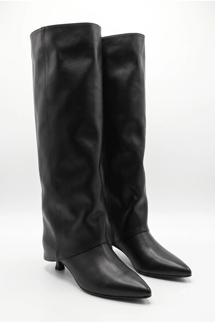Women's Knee-Length Goblet Heeled Pointed Toe Covered Long Boots - Alessa - Black
