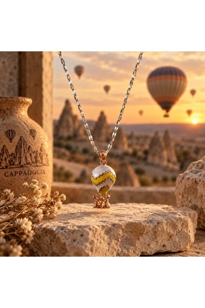Cappadocia Balloon Figured Silver Color Necklace - Yellow Enamel Hot Air Balloon Necklace