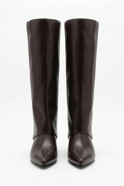 Women's Knee-Length Goblet Heeled Pointed Toe Covered Long Boots - Alessa - Brown