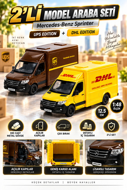 2’li Mercedes-Benz Sprinter Model Araç Seti – UPS & DHL Tasarımlı, 1:48 Ölçek, 12.5 cm Die Cast