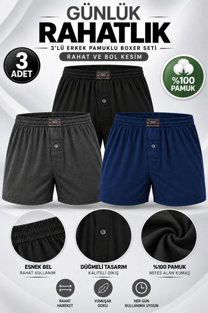 Men's Boxer 100% Cotton (Seher Yetikili Satıcısı) 3 Pieces Combed Cotton Buttoned Boxer – Smoked Black Navy Blue