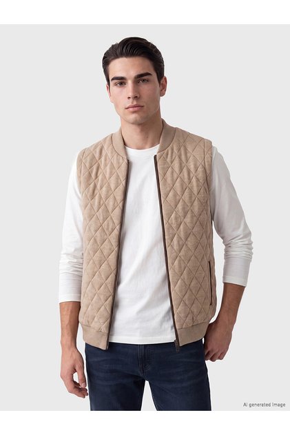 Lcwaikiki Classic Beige Regular Fit College Collar Men's Knitwear Vest