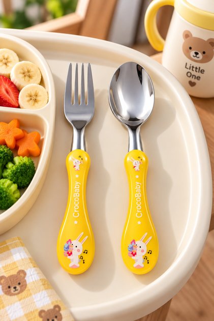 Çocuk Silikon Saplı Figürlü Metal Uçlu Kaşık Ve Çatal - Mama Kaşığı Okul Beslenme Çantası Seti