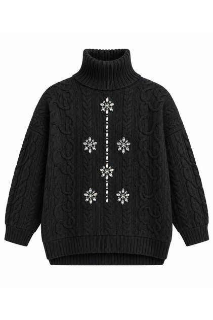 Women's Stone Embellished Hair Braid Patterned Turtleneck Knitwear Sweater Black