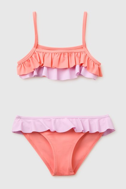 Girl's Coral Ruffle Detailed Color Block Bikini Set