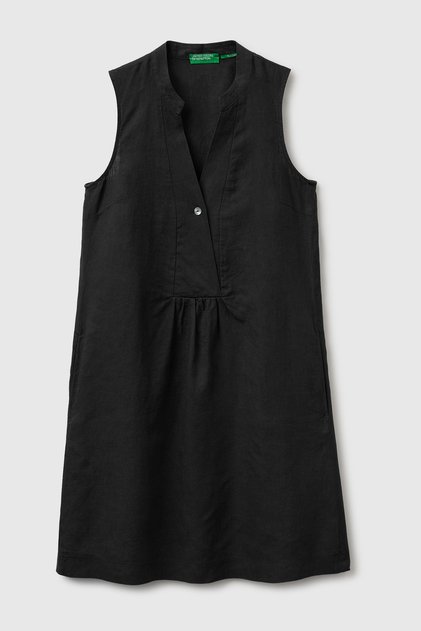 Women's Black 100% Linen Button-Front A-Line Short Dress with Side Pockets