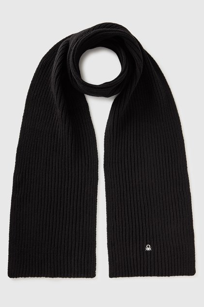 Men's Black Wool Blend Logo Embroidered Ribbed Scarf