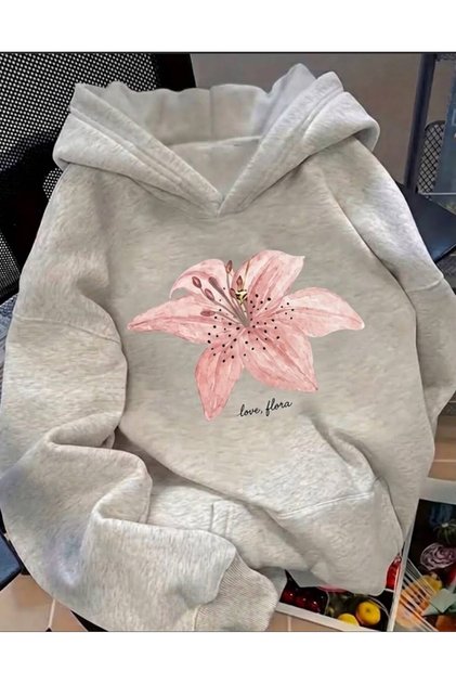 Pink Flower Printed Hooded Sweatshirt