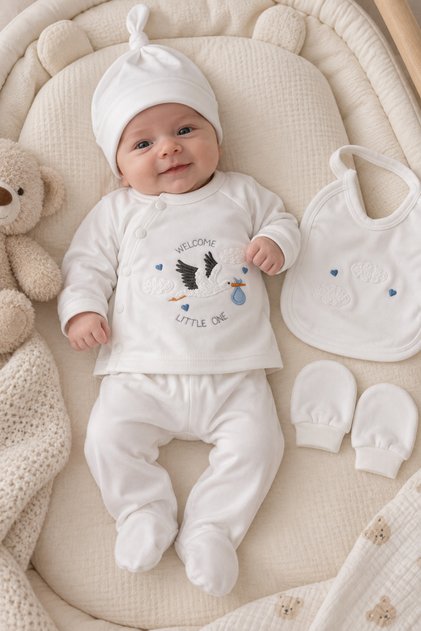 Stork Embroidered Boxed 5 Piece Newborn Hospital Release Baby Set 100% Cotton
