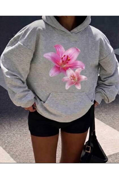 Lily Flower Printed Hooded Sweatshirt