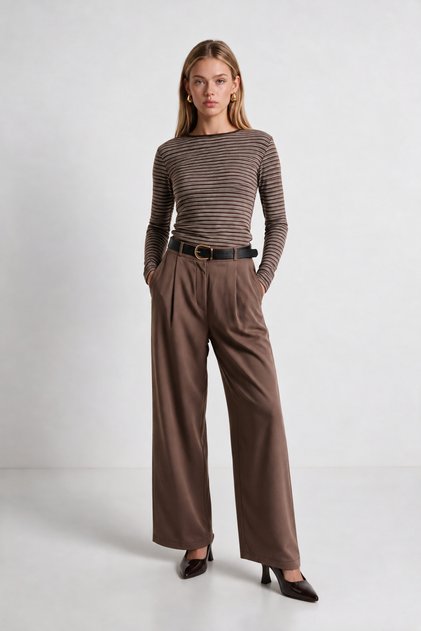 Belted Woven Palazzo Trousers Lby0078 Vi̇zon