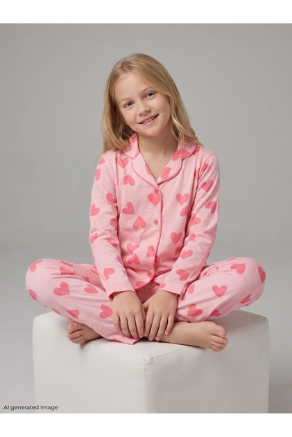 Girl's Long Sleeve 100% Cotton Buttoned Pajama Set Pera
