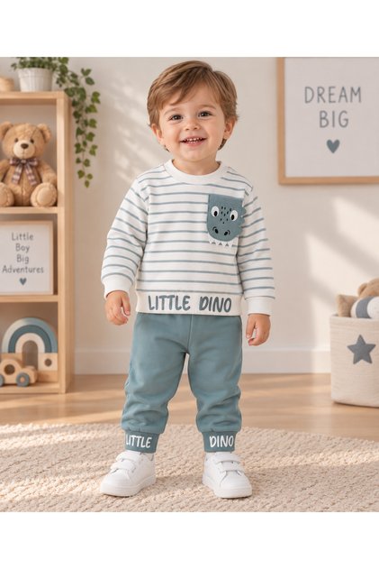 White Blue Striped Dino Pocket Boys' Seasonal 2-Piece Set 9 Months-24 Months