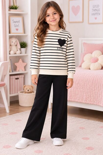 Girl's Cotton Black Striped Heart Embroidery Patterned Long Sleeve Wide Leg Sweatpants Set