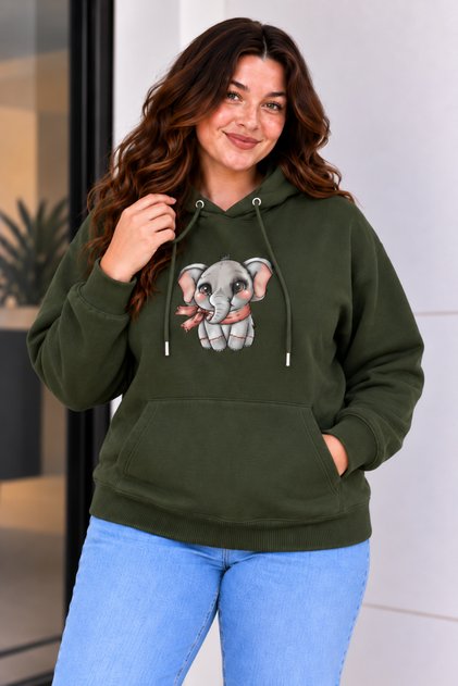 Women's Plus Size Oversize Elephant Print Hooded Sweatshirt 3 Thread Comfortable Fit Casual Hoodie with Kangaroo Pocket
