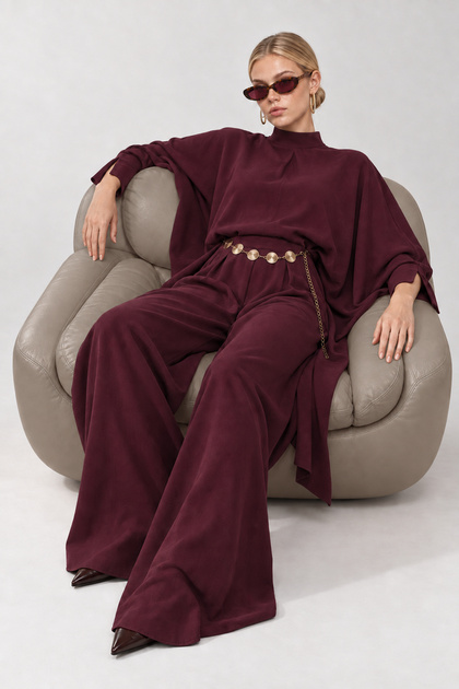 Bat Sleeve Belted Modal Premium Selection Suit Lby0082 Mürdüm