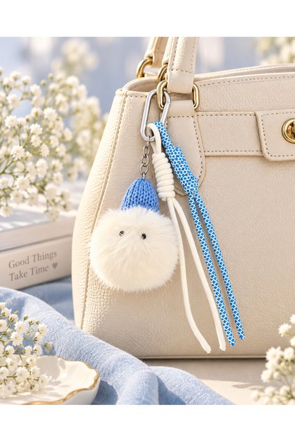Puffy Blue Beret Pompom Bag Charm