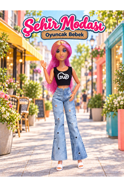 Kot Pantolonlu Crop Tişörtlü Oyuncak Moda Bebeği - Pembe Saçlı - Eklemli Vücut