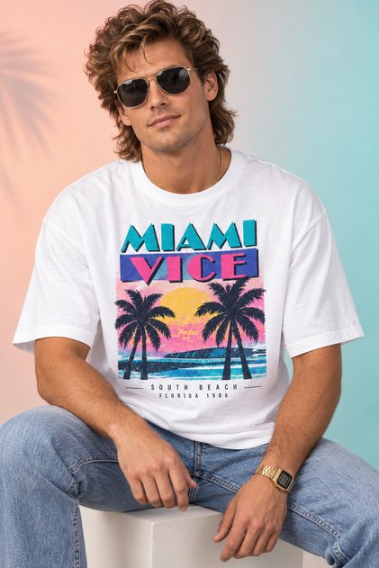 Unisex Oversize 80S T-Shirt Short Sleeve Crew Neck Cotton Combed T-Shirt Miami Vice Retro 80S Printed Oversize Summer T-Shirt