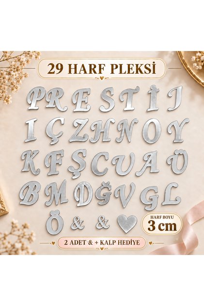 Tüm Alfabe Yapışkanlı Gümüş Ayna Pleksi Harf Seti 3 CM – 29 Harf + 2 & + 1 Kalp Figürü