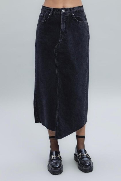 Düşük Bel Midi Denim Etek