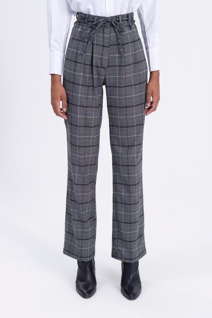 Yüksek Bel Ekoseli Kumaş Pantolon