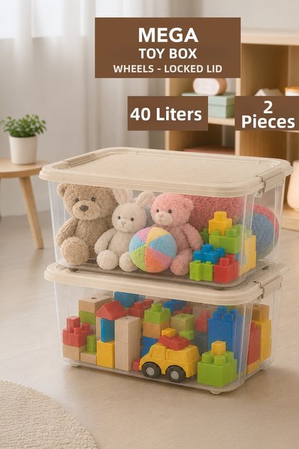 2-Piece Organizer with Lockable Lid - Baby Room Storage Box Children's Toy Organizer 40Lt Beige