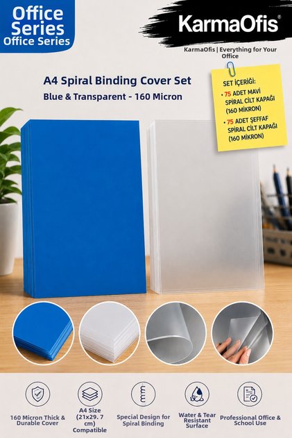 A4 Spiral Binding Cover Set 160 Micron β Blue Colored and Transparent Binding Covers 75 Pieces Each
