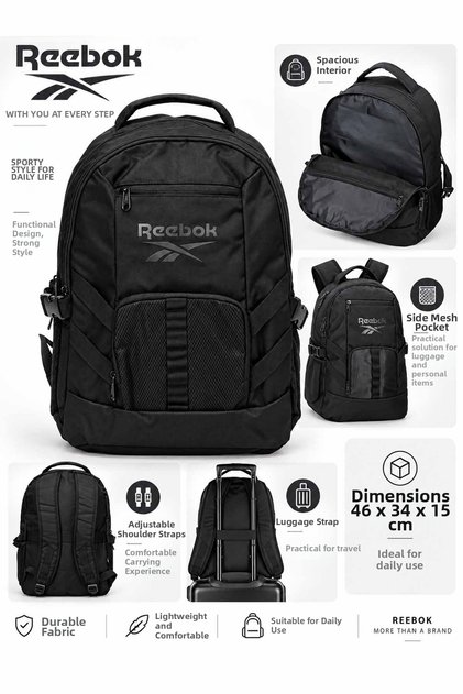 Black Backpack School Daily Use Large Compartment 46X34X15 cm