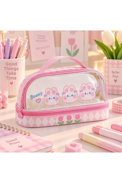 Large Volume Zippered Kawaii Transparent Water-Resistant Pen Holder with Handle Easy to Clean Plaid Pattern Rabbit Cat Teddy Bear Children's Pencil Case Bag