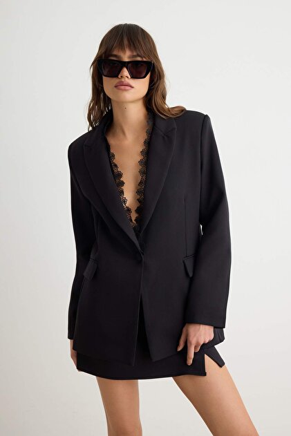Black Lace-Collar Woven Regular Fit Blazer Jacket Twoaw27Bc00031