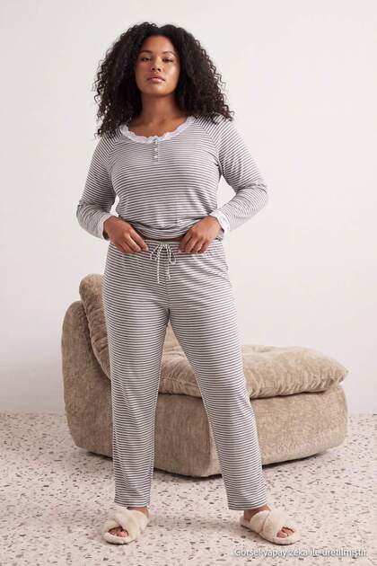 Gray Striped Lace Soft Buttoned Knitted Large Size Pajamas Set Tbbaw27Ai00057