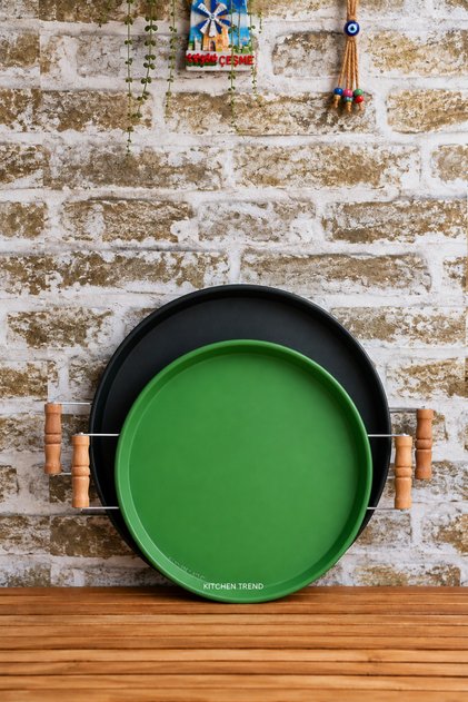 2-Piece Wooden Handled 37 Cm Black and 30 Cm Green Tray Tea Coffee Presentation Tray