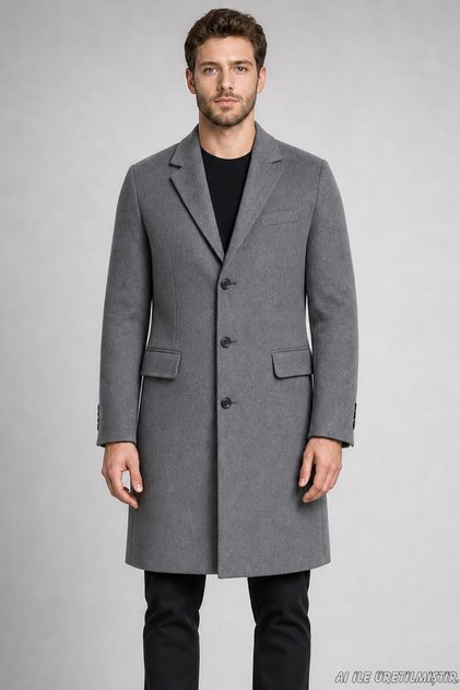 Men's Gray Slim Fit Cashmere Coat Classic Collar 3 Button Long Cut Winter Overcoat