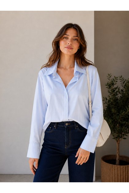 Women's Baby Blue 100% Cotton Classic Oversize Shirt Long Sleeve Basic Comfortable Cut Shirt