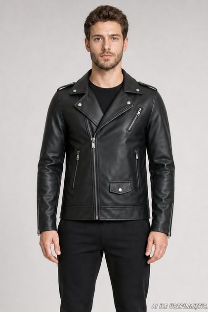Men's Black Zippered Slim Fit Leather Jacket with Pocket Detail
