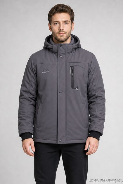 Erkek Gri Kapüşonlu İçi Kürklü Su ve Rüzgar Geçirmez Outdoor Softshell Mont