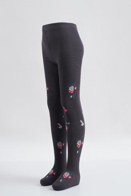 Flower Patterned Children's Pantyhose Anthracite