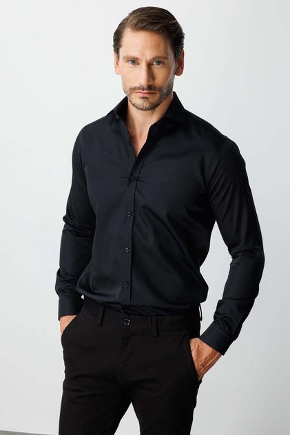 Black Slim Fit Classic Collar Plain Long Sleeve Pocketless 100% Cotton Non Iron Shirt
