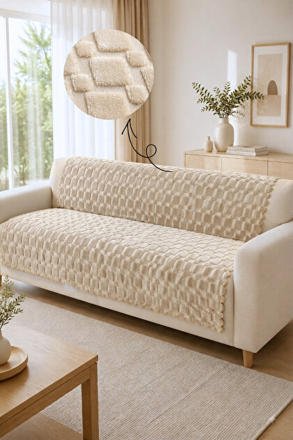 Non-Slip Base Sofa Cover - Embossed, Geometric Patterned - 170X210 cm - Cappuccino